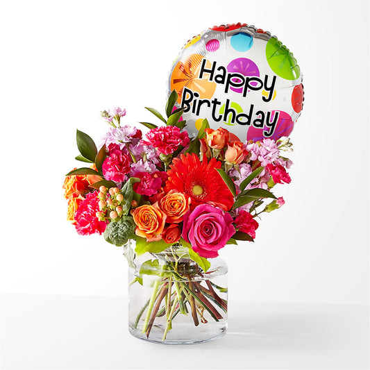 Fiesta Bouquet with Birthday Balloon – BERMAN'S FLOWERS, Kingsburg CA