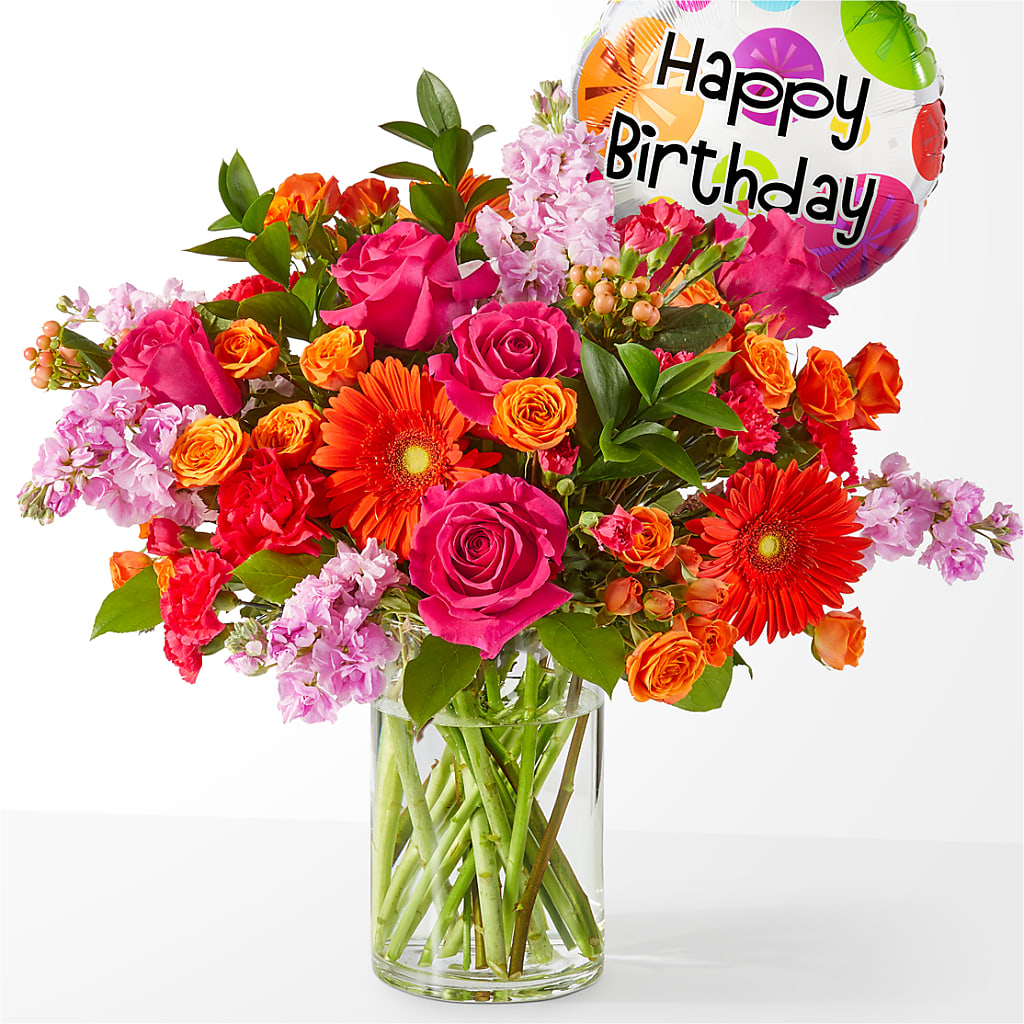 Fiesta Bouquet with Birthday Balloon – BERMAN'S FLOWERS, Kingsburg CA