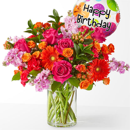 Fiesta Bouquet with Birthday Balloon – BERMAN'S FLOWERS, Kingsburg CA