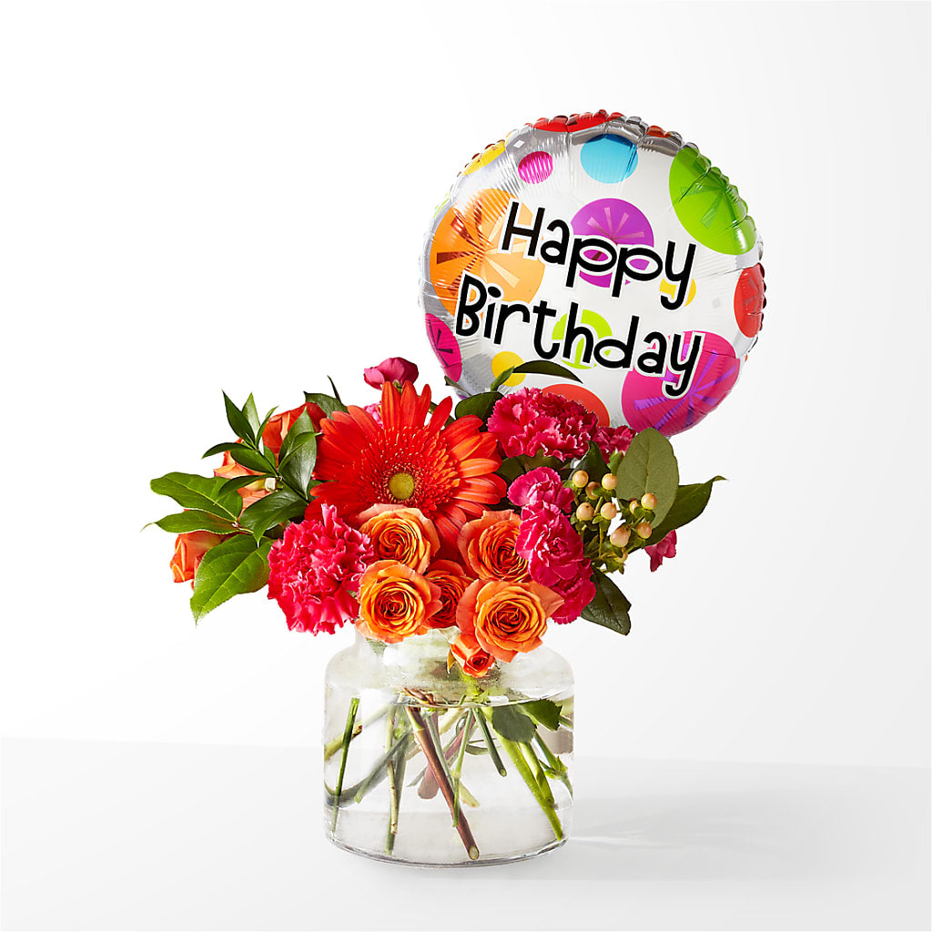 Fiesta Bouquet with Birthday Balloon – BERMAN'S FLOWERS, Kingsburg CA