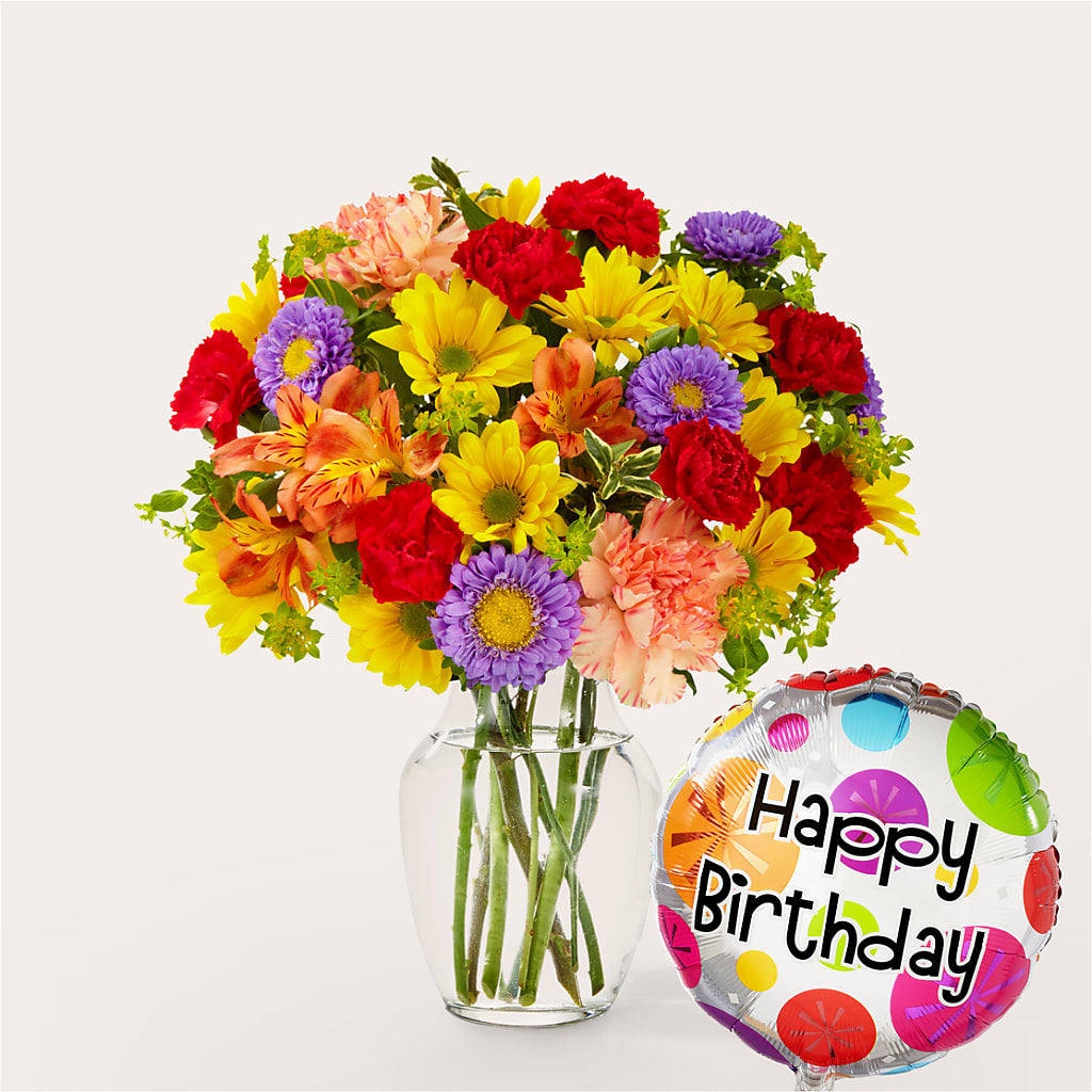 Kaleidoscope Bouquet with Birthday Balloon – BERMAN'S FLOWERS, Kingsburg CA