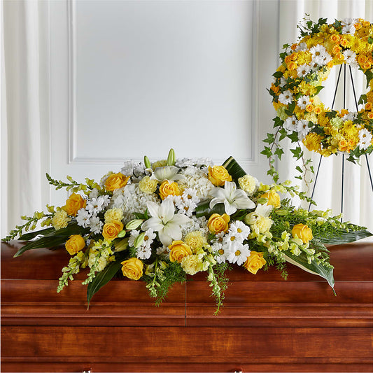 Golden Harmony Casket Spray – BERMAN'S FLOWERS, Kingsburg CA