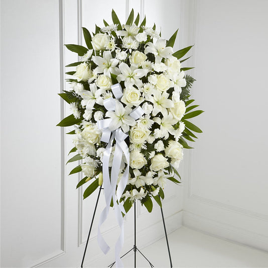 Exquisite Tribute Standing Spray-White Ribbon – BERMAN'S FLOWERS, Kingsburg CA