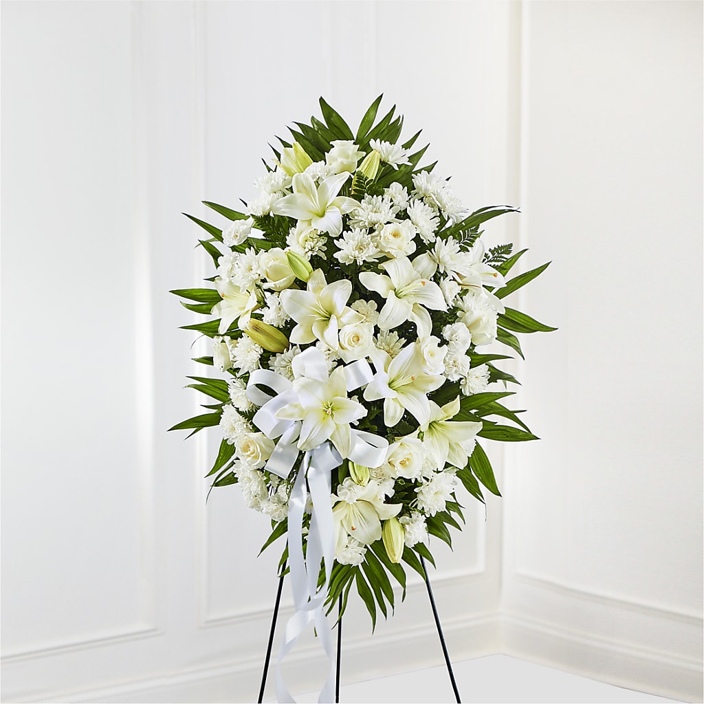 Exquisite Tribute Standing Spray-White Ribbon – BERMAN'S FLOWERS, Kingsburg CA